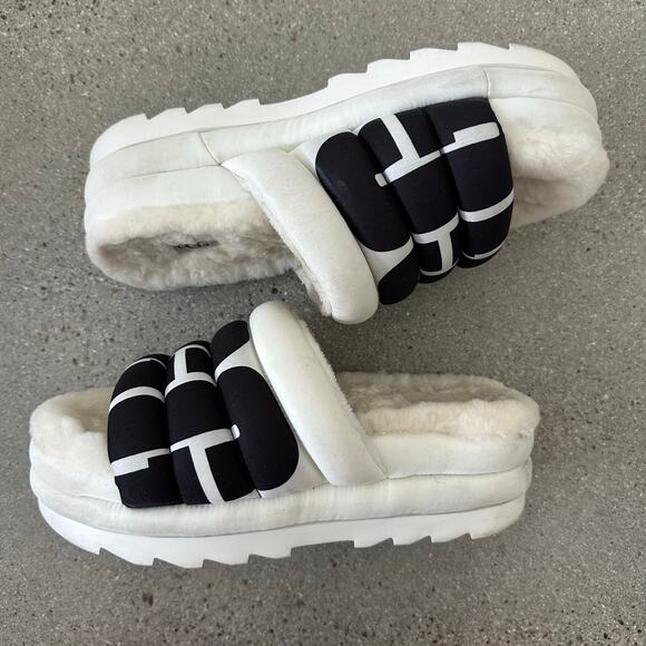 Ugg Maxi Slide Logo Quilted Puff Platform Slipper Sandals Retro White/Black - Picture 2 of 13